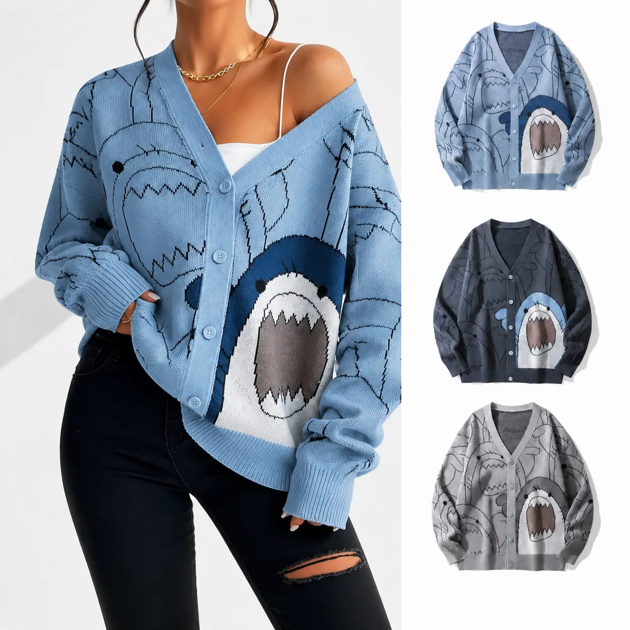 Women's V-Neck All-Over Cartoon Shark Print Knit Cardigan - Button-Down, Slim-Fit, Kawaii Marine Graphic Streetwear, Warm Fall Casual Outerwear (Knitwear)