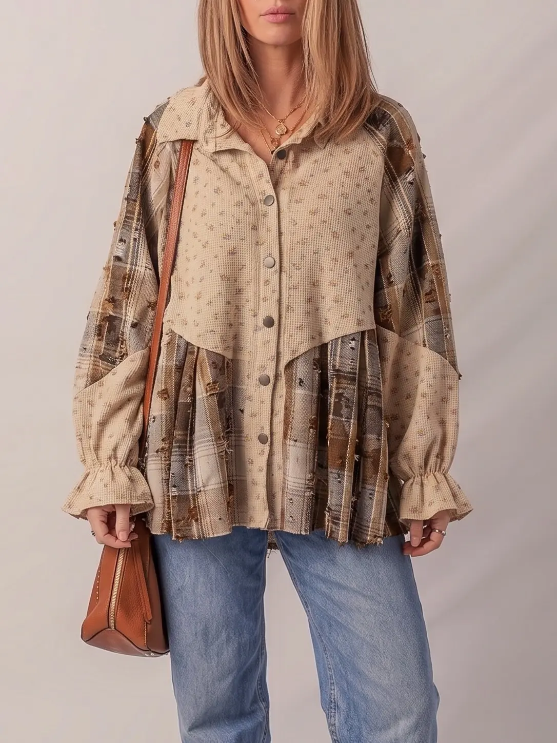 Boho Floral Plaid Patchwork Distressed Detail Ruffled Sleeve Waffle Knit Shacket