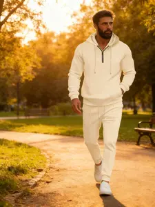 Men's Casual Waffle Texture Hoodie Set, Long Sleeve Zipper Hooded Sweatshirt and Drawstring Sports Pants, Daily Wear, Sportswear, Streetwear