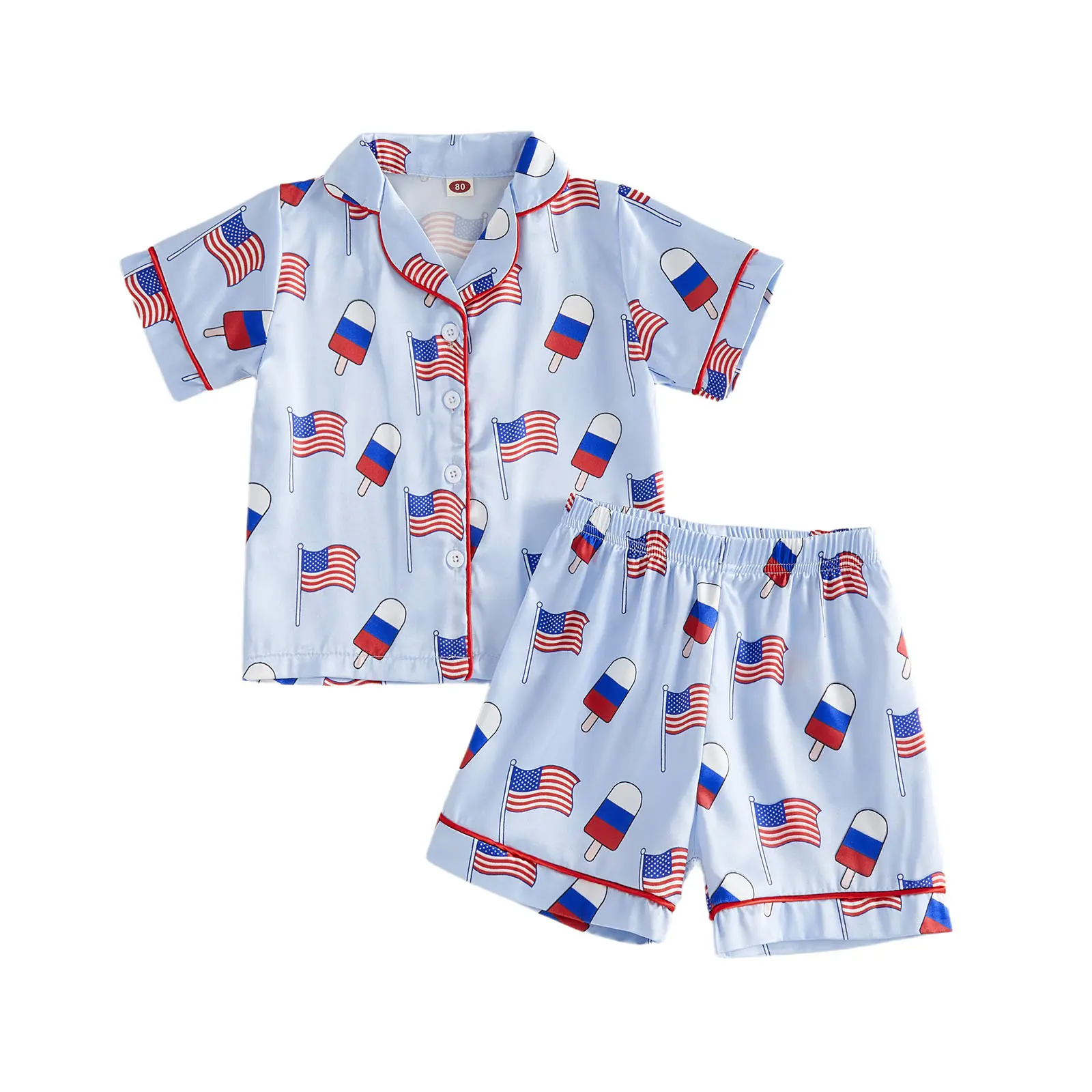 Little Toddler Boys 4th of July Outfit Pajama Set Casual American Flag Print Button Down Lapel V Neck Short Sleeve Tops and Shorts Sleepwear Nightgown