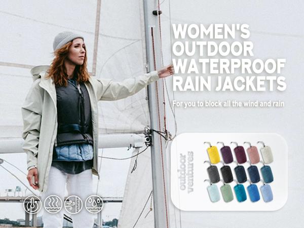 Outdoor Ventures Women's Packable Casual Polyester Long Sleeve Sporty Chic Waterproof Hooded Rain Jacket for Female Cycling