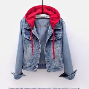 Women's Denim Short Jacket Long Sleeve Slim Fit Hooded Coat  Jian
