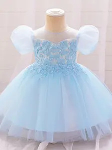 Baby Girl's Embroidery Floral Sheer Mesh Formal Dress, Elegant Puff Sleeve Round Neck Zipper Back A Line Dress for Party Performance Wedding Guest, Newborn Photography Dress
