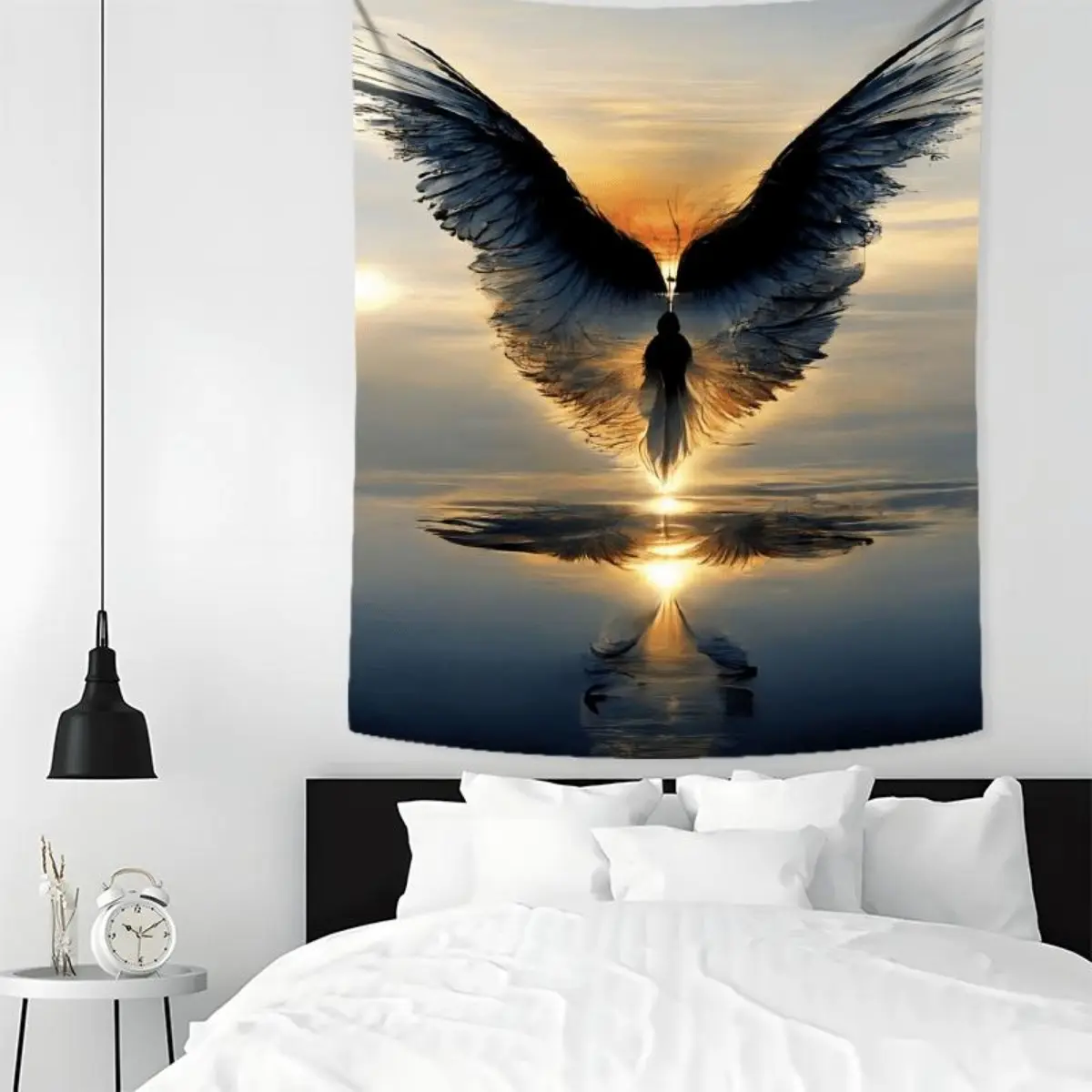 Angel Wings & Sunset Ocean Tapestry - Large, Washable Polyester Wall Hanging for Bedroom, Living Room, Dorm Decor Decoration