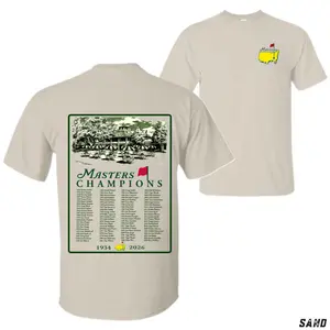 Masters Champions 2026 T-shirt Featuring Legendary Augusta National Golf Club with Complete List of Masters Tournament Champions.