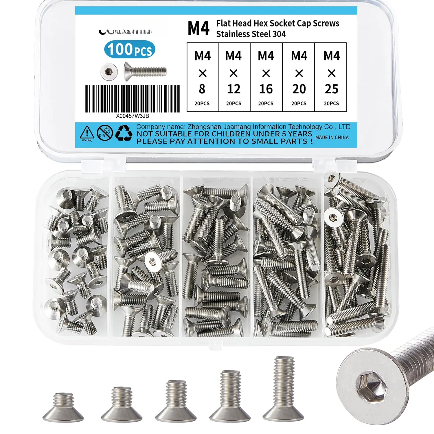 M4 x 8mm 12mm 16mm 20mm 25mm Flat Head Hex Socket Cap Screws Countersunk Bolts, Stainless Steel 304, Metric Allen Hex Drive, Bright Finish, Fully Threaded, Assortment Kit 100 count