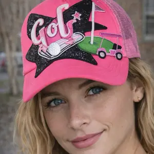 Custom Golf Trucker Hat Hot Pink with Big Black Star & Three Golf Patches Optional Chain Gold Silver Colors