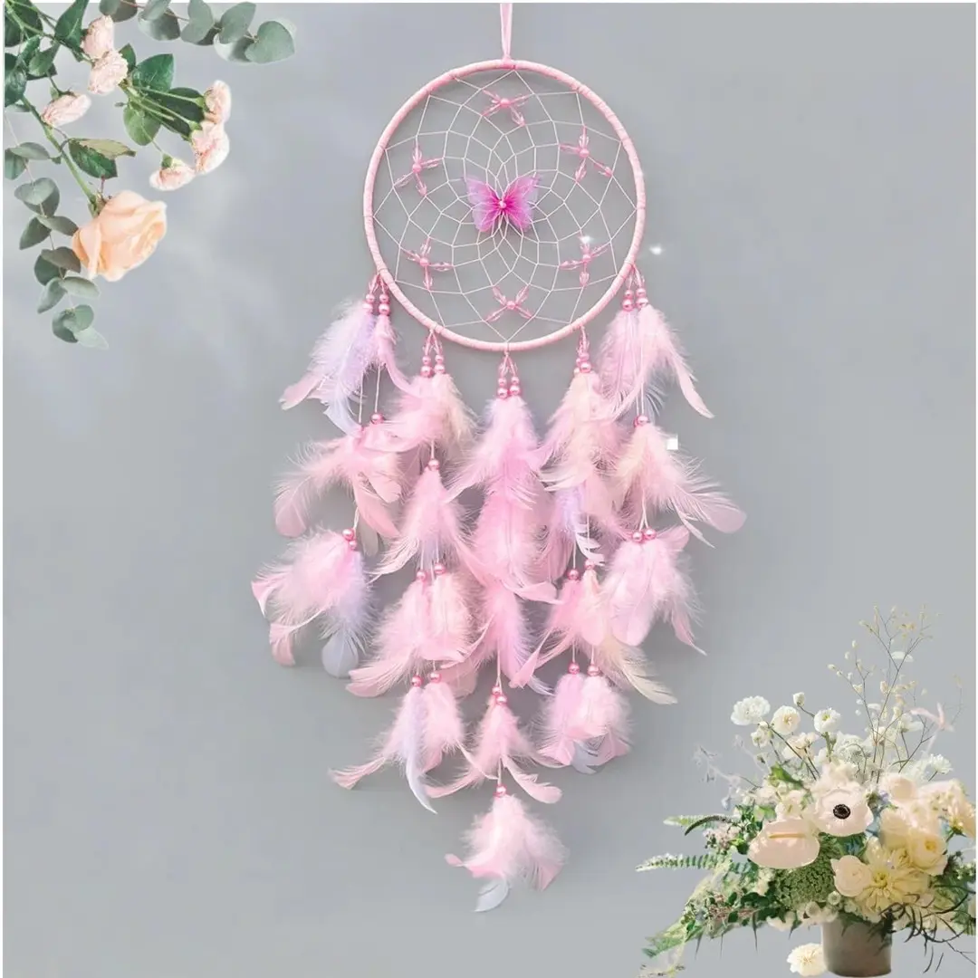 Pink Dream Catcher, Handmade Boho Wall Decor with Feathers and Butterfly, Dream Catcher for Bedroom, Nursery, Wall Hanging Ornament, Home Decor Items, Decorative Hanging Piece, Gift for Girls, Women
