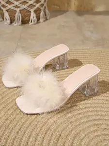 Sweet Cool Style Feather Decorated Sandals, Transparent Chunky Heel Outdoor Slippers, Summer High-End Feel Shoes, PU Leather, Plain Pattern