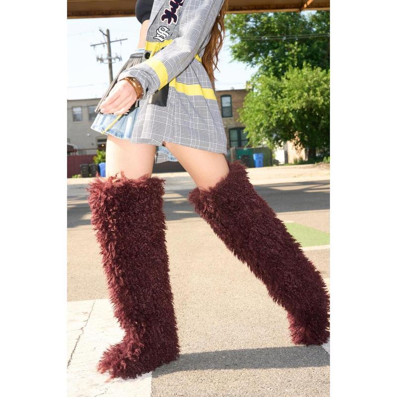 AZALEA WANG TEMPLETON BURGUNDY FAUX POODLE FUR OVER THE KNEE BOOT