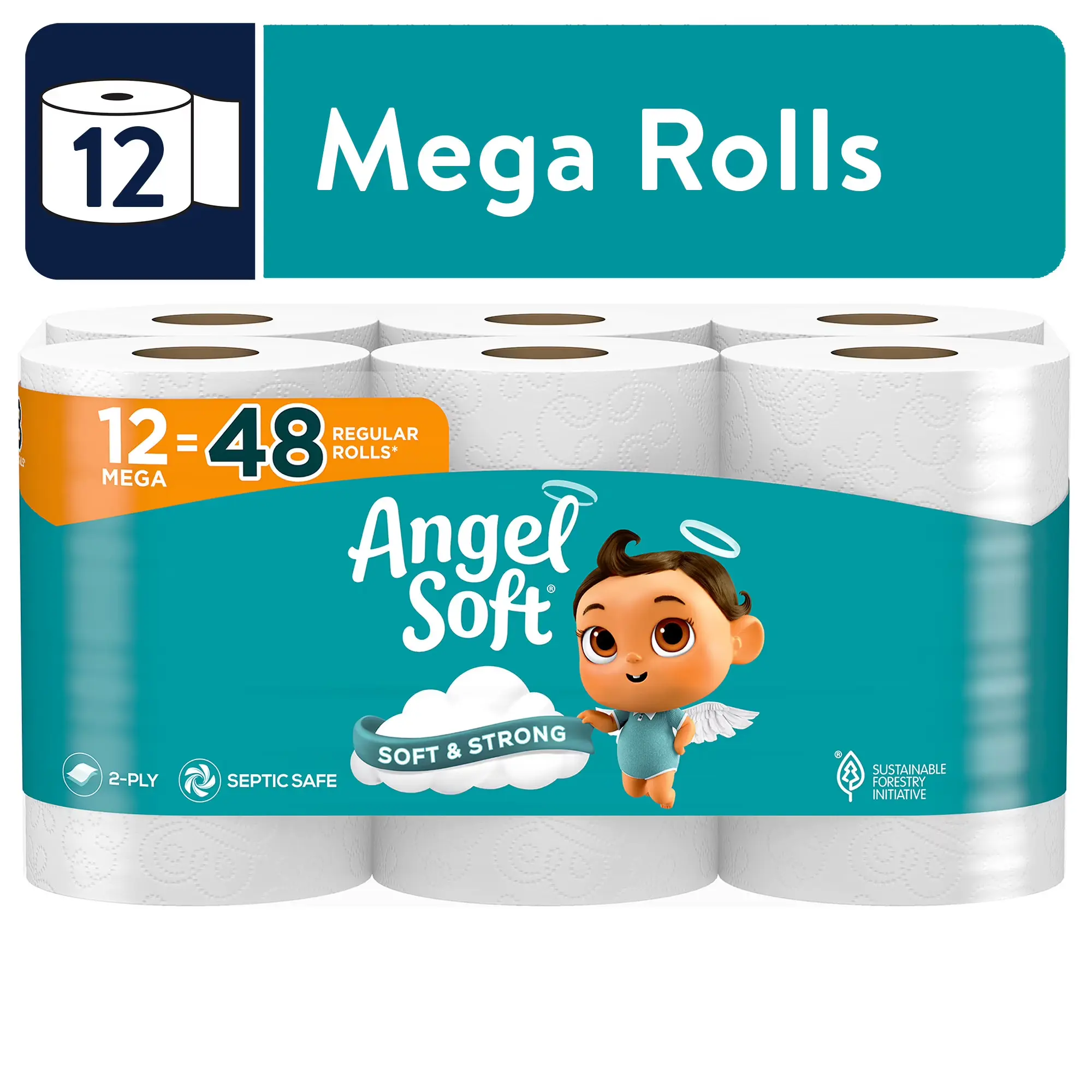 Angel Soft 2-Ply Toilet Paper & Wipes, 12 Mega Packs (4X Extra Large Flushable vs Regular), 320 Sheets Per Roll, Soft, Strong, Septic-Safe, Eco-Sourced, Comfort & Durability, Extra Large Flushable Toilet Paper & Wipes