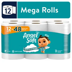 Angel Soft 2-Ply Toilet Paper 12 Mega Rolls 4X Larger Than Regular 320 Sheets Per Roll Soft Strong Septic Safe Comfort Durability