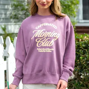United Monograms Women's Comfy Fleece Graphic Sweatshirt - 'Caffeinated Morning Club' Signature, Casual Fit, Cotton Puff Fabric