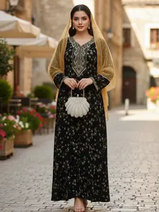 Women's Ethnic Embroidered Dress, Loose Fit Breathable Summer & Spring, Casual Daily Wear, Elegant Muslim Clothing, Modest Muslim Outfits, Muslim Women Gowns Wn-66343
