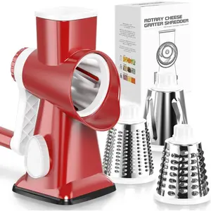 Cheese Grater Hand Crank Red - Shredder Slicer 3 Stainless Blades, Stable Suction, Handle, Safe Tool for Cheese, Vegetable, Nuts, Chocolate