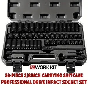 3/8inch Drive Impact Socket Set, 50-Piece Professional 6 Point Metric (8-22mm) & SAE (5/16-3/4Inch) Sockets, Chromium Vanadium Steel, with Adapters Ratchet Handle & Dedicated Suitcase Packaging. Nice Gifts-Hot 2024