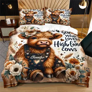 Cute Highland Cow Decorative Bedding Set, Floral Pattern Queen Size Duvet Cover, Western Style, Includes Pillowcases, No Comforter Included