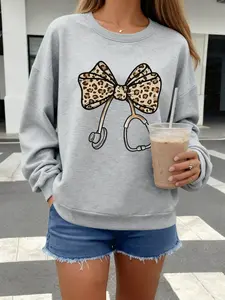 Cute Nurse Sweatshirt with Stethoscope Leopard Graphic Pattern, Casual Round Neck Pullover for Women, Fall & Winter Wear, Perfect Gift for Healthcare Workers