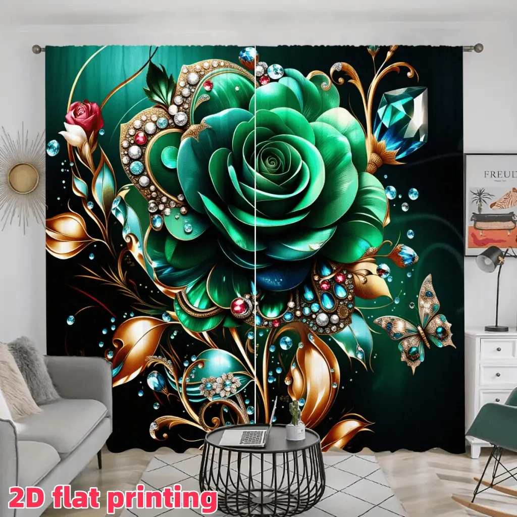 2D Flat 2Pcs Emerald Green Rose with Gold and Diamond Embellishments Curtains, Luxury Art Decor Drapes, Semi Sunshade Window Treatment Panels for Living Room, Bedroom, Balcony, Kitchen, Study Shower Decoration, Accessory, Anti Privac