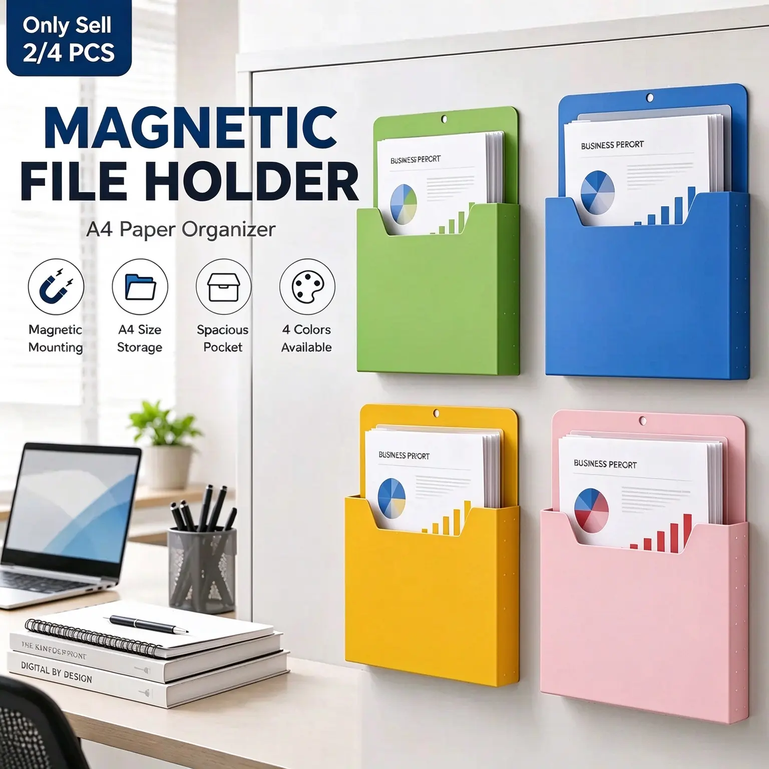 2/4PCS Magnetic File Holder, A4 Document Pocket for Folders, Magazines and Files, Plastic Wall-Mount Paper Organizer with Hanging Hole, Ideal for Refrigerator, Classroom, Kitchen & Office