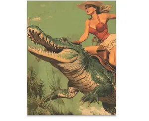 Haitunone Cowgirl Riding Alligator Western Wall Art Canvas Print 8x12 12x18 16x20 Inch Unframed Cowboy Decor Artistic Ornaments for Living Room Bar Dorm Room