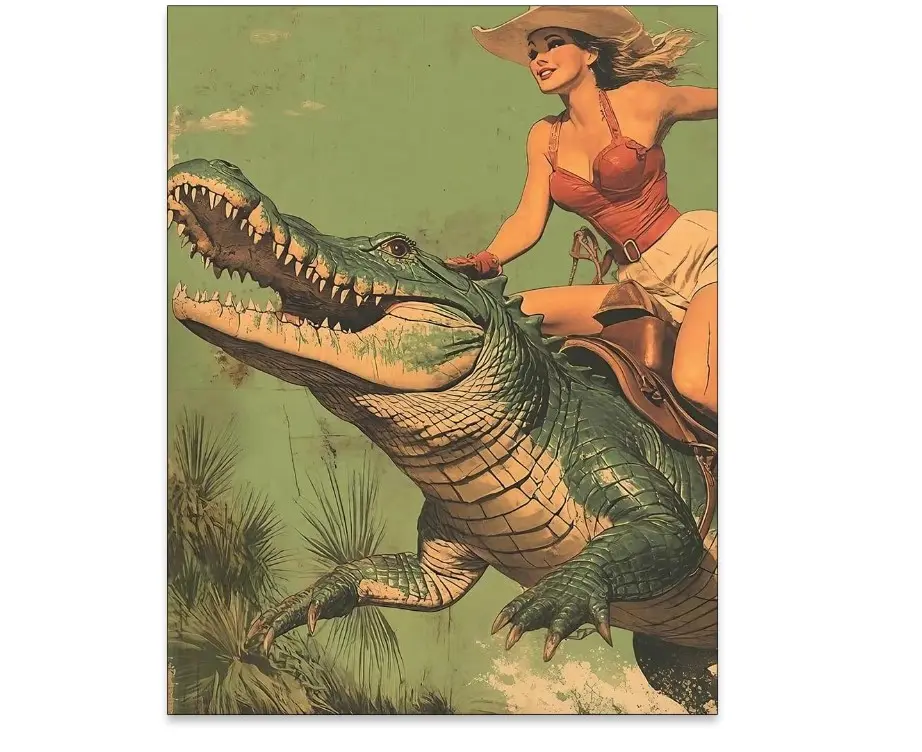 Haitunone Retro Cowgirl Riding Alligator Western Canvas Wall Art Print - Unframed (8x12, 12x18, 16x20 in), Cowboy Room Decoration, Home Decor Accessories for Living Room, Bar Gifts