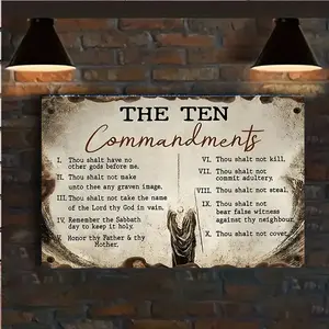 1 Piece Vintage "Ten Commandments" Wooden Frame Canvas Wall Art - Inspirational Biblical Text, Unique Wrapped Canvas Wall Painting with Gold Star Design, Perfect for Bedroom, Living Room or Hallway Decoration, Inspirational Wall Decoration| Vintage Wall A