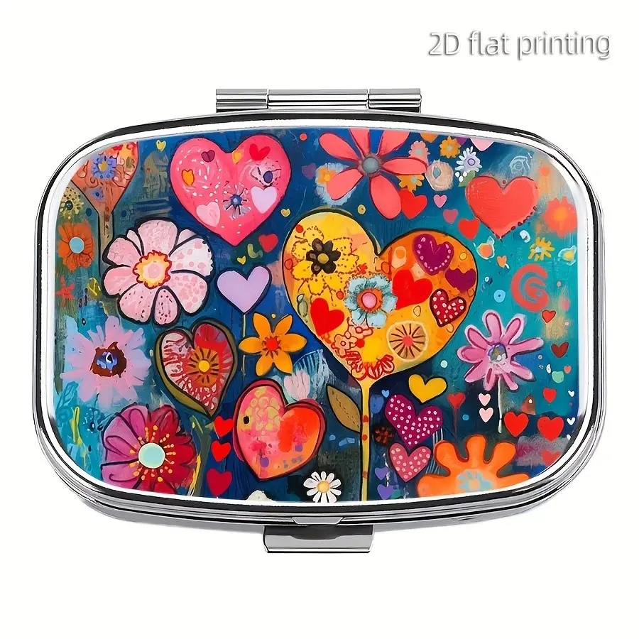 Beautiful Color Pill Box, 2 Compartment Mini Portable Pill Organizer, Supplement Organizer, Vitamin Organizer, Unique Oil Painting Style, Wallet Pocket Travel Pill Holder