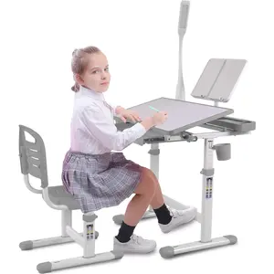 Desk for Kids Desk and Chair Set Kids Art Desk Drafting Table Desk Set with Adjustable Height, 40-Degree Tiltable Children Desktop, LED Light,Bookstand,Grey,Preschool/Children's Desk and Chair Set, Preschool Dining/Learning/Playing/Drawing/Eating/Game Set