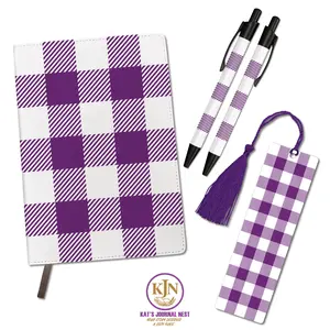 Hide & Hue White Buffalo Plaid Personalized Journal Essentials Bundle – PU Leather Notebook with Pens & Bookmark Kat’s Journal Nest
