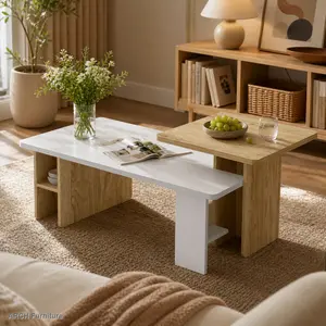 ARCH VIBE HAUS 2-Piece Nesting Farmhouse Rectangle Wood Finish Coffee Tables, Small Sofa Side Tables for Living Room, Coffee Table