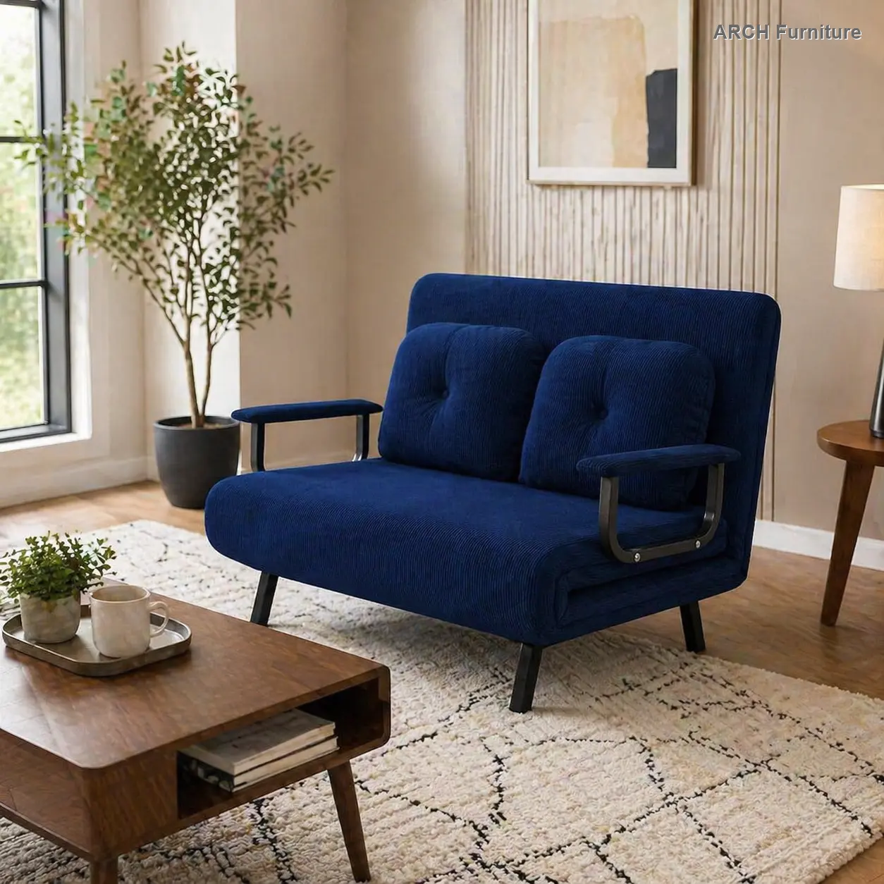 Retro Vertical Ribs Corduroy-Metal 5-in-1 Convertible 2-Seater Sofa - Furniture, 5-Position Adjustable Backrest, Folding Bed, Pillow, Space-Saving Office/Living Room/Bedroom Double Sleeper (71.6x46in, Blue)