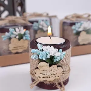 Pack of 10-15-25-35-50-100 Personalized Wood Tealight Candle Holder Custom Tealight Candle Holder Decorations Wooden Cylinder Candle Holders for Table Centerpiece (Dark Brown, Blue-Baby Shower)
