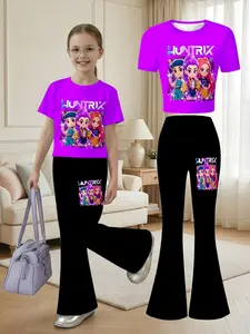 HUNTRIX Cartoon Girl Short Sleeve Flare Pants Set, Purple Black Color Block Kids 2 Piece Outfit, Trendy Breathable Girls Clothing