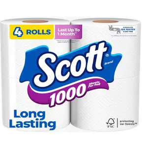Scott 1000 Sheets Per Roll Toilet Paper, 4 Rolls, Bath Tissue
