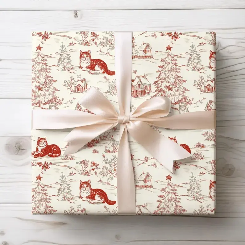 Vintage Cat Christmas Wrapping Paper, Gift Wrap for Cat Lovers, Winter Festive Kitty Present Wrap