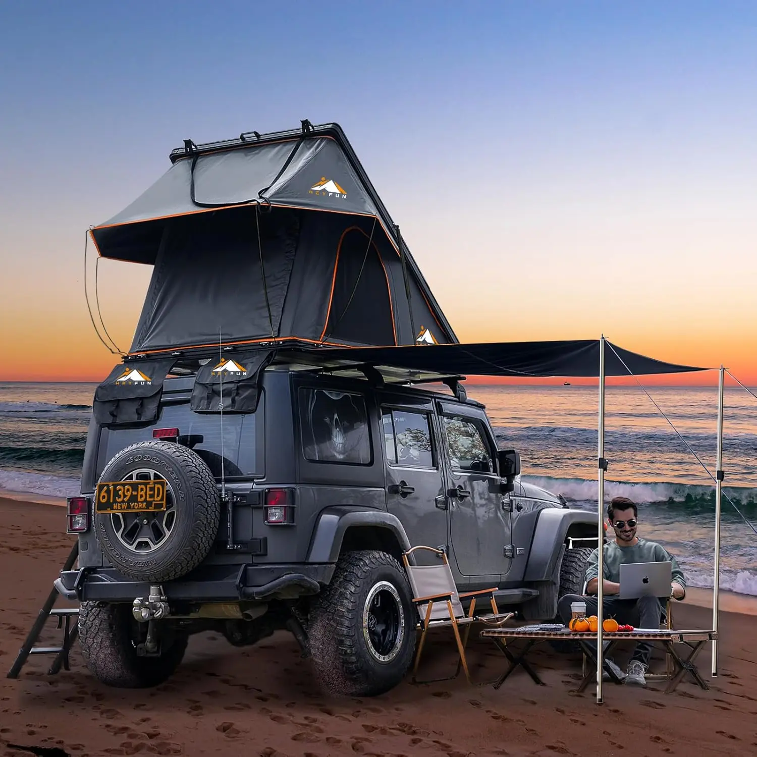 Adventurer Pro Rooftop Tent Hard Shell with Side Awning&LED Light Strip, 2-3 Person Roof Top Tent for 4 Season Camping, Aluminum Pop Up Roof Tent for Truck Jeep SUV Van Trailer