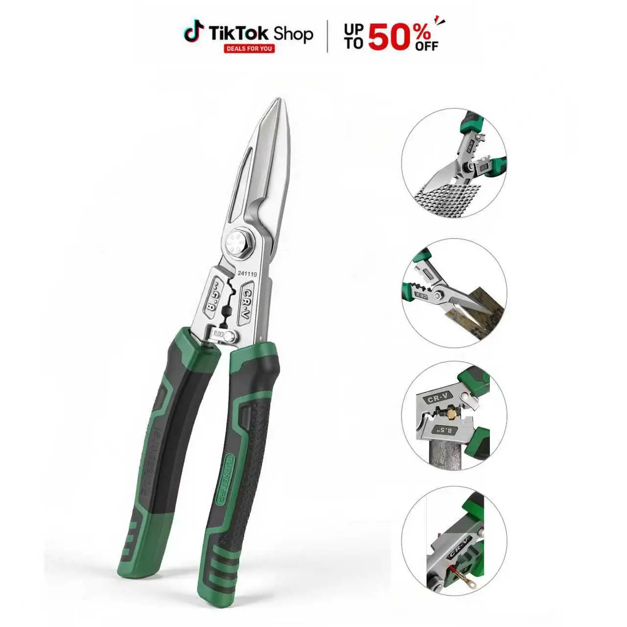 5 in 1 Stainless Steel Tin Snips for Cutting Tool for Light Steel Keel, Sheet Metal, Cable Scissors, Cutting and Pulling Wires, with Specialized Wire Stripper and Crimper, Industrial Grade Heavy Duty Stainless Steel Tin Snips.