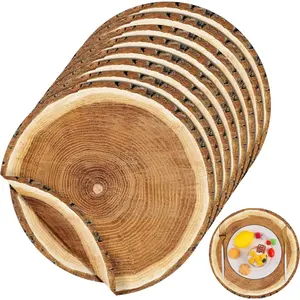 60 Pack 13.8 Inches Wooden Slice Paper Placemats Disposable Rustic Wood Grain Round Table Mats For Vintage Country Wedding,Birthday Party Table Setting Decorations