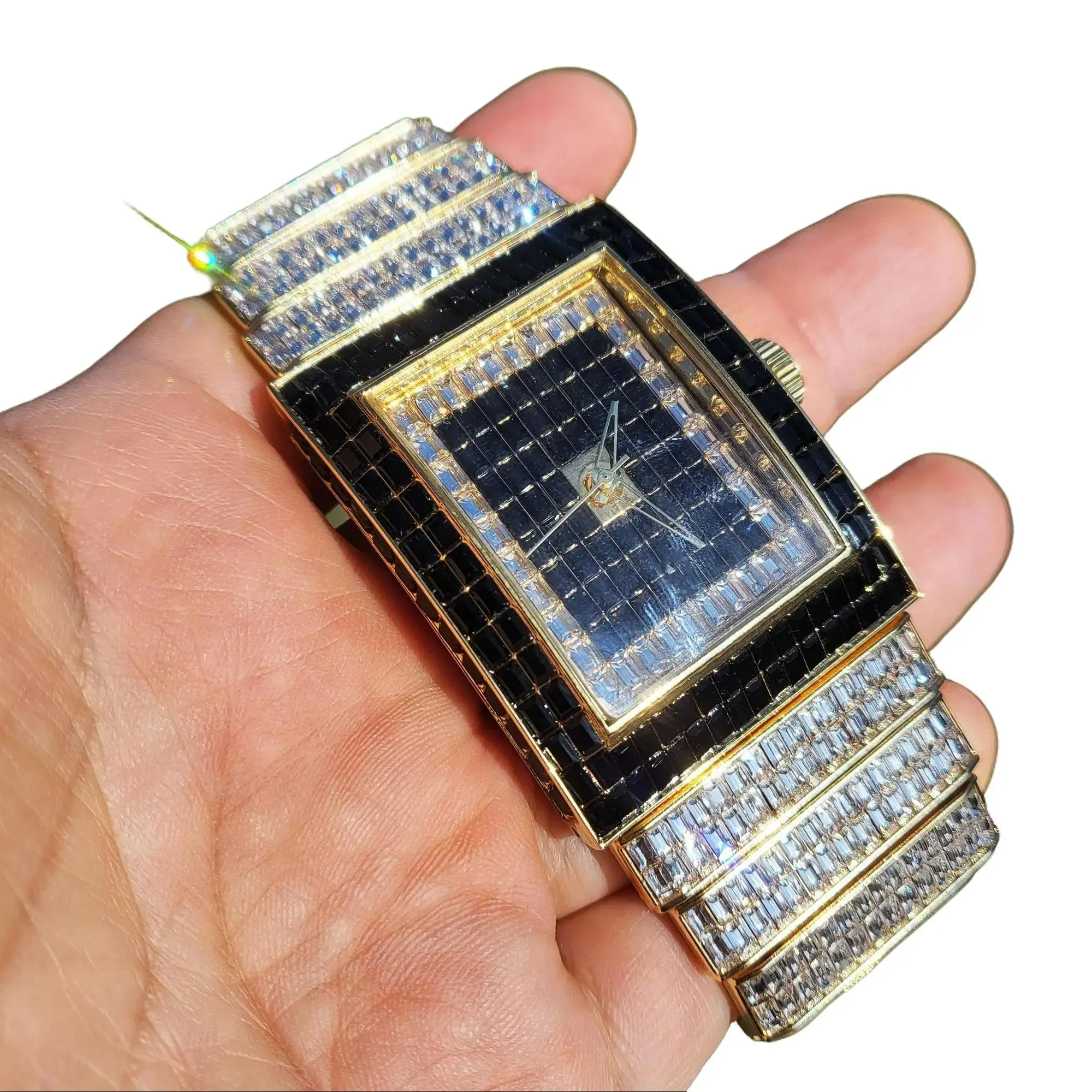 MaxBling81 Men's Quartz Watch, 2-Tone Gold Plated Timepiece with Square Dial, Full-Stone Baguette Crystal Band & Fold Over Clasp, Gold Plated Watch, Square Dial Wristwatch, Metal