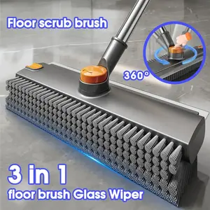 3-in-1 Floor Scrub Brush with Long Handle, Adjustable Silicone Squeegee & Stiff Bristle, 360° Rotating Head for Deep Cleaning, Versatile for Shower, Bathroom, Patio, Garage, Kitchen, Wall, Deck