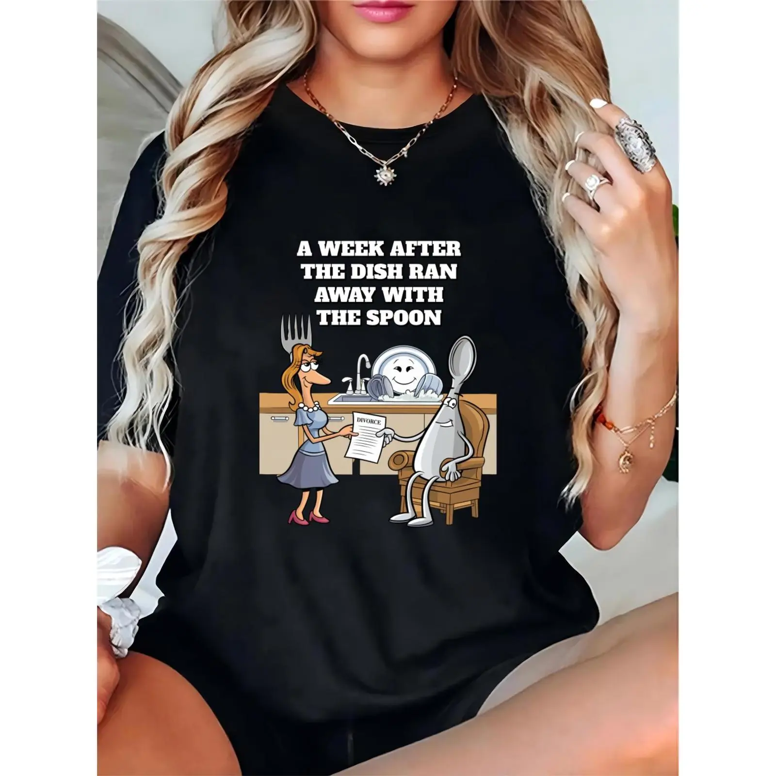 Women’s Funny “A Week After The Dish Ran Away With The Spoon” Divorce Cartoon T - Shirt, Casual Humorous Graphic Tee for Everyday Wear & Social Gatherings, Comfortable, Shortsleeve, Elegant, Fit, Basic, Cotton, Skirts, Feminine, Simple