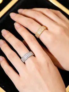 Stylish wide-band ring fully set with artificial zircon, full-circle sparkling effect, perfect for daily stacking or as a gift.