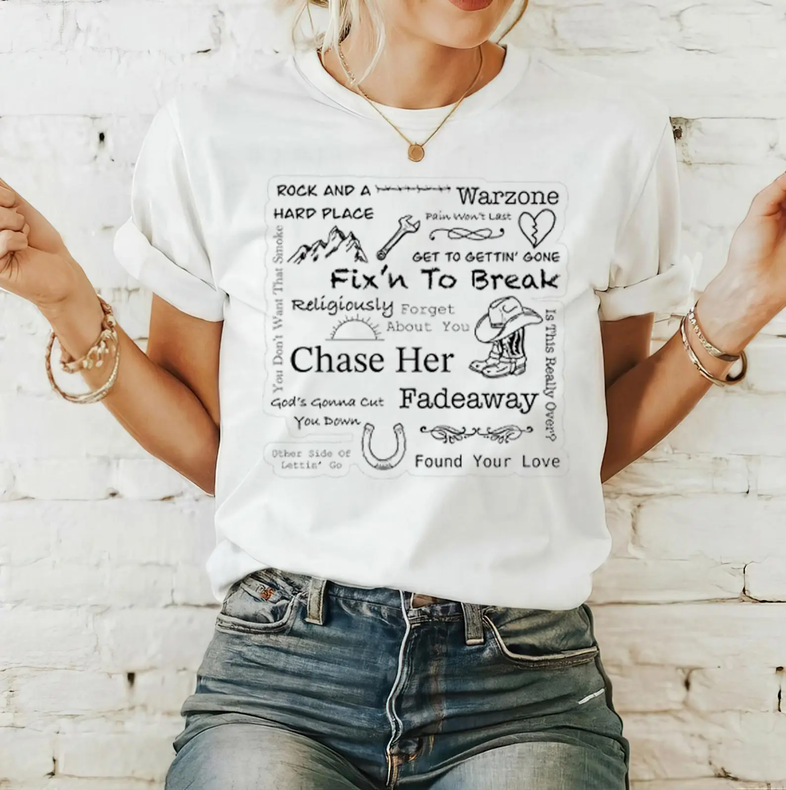 Baggy Graphic T-Shirt for Women with Bailey Zimmerman 'Rock and A Hard Place' Lyrics, Casual Cotton Short Sleeve Streetwear Top, Loose, Tshirt, Shortsleeve, Print, Loose-Fit