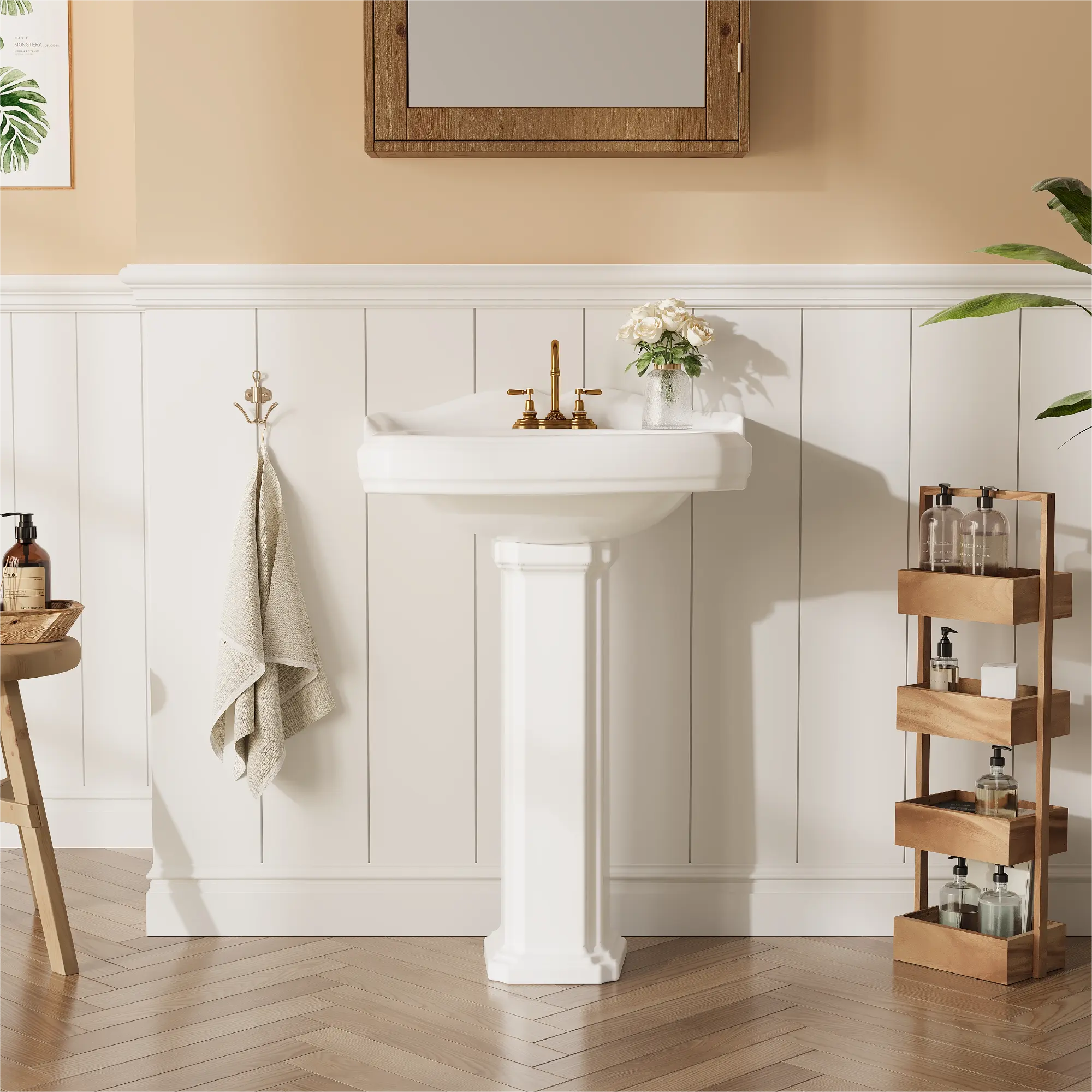 23"×19" Classic White Ceramic Pedestal Bathroom Sink - Freestanding Rectangular Wash Basin with Overflow Hole & Pre-Drilled Faucet Holes for Restroom, Powder Room