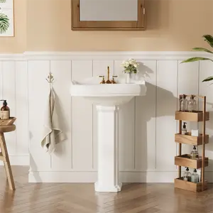 23"×19" Classic White Ceramic Pedestal Sink, Freestanding Rectangular Bathroom Basin with Overflow & Pre-Drilled Faucet Holes for Restroom Powder Room