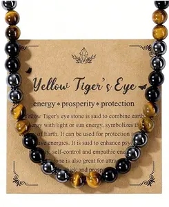 Yellow Tiger's Eye & Black Obsidian Hematite Beaded Necklace for Men - Triple Protection Healing Crystal Jewelry Gift for Stress Relief & Balance