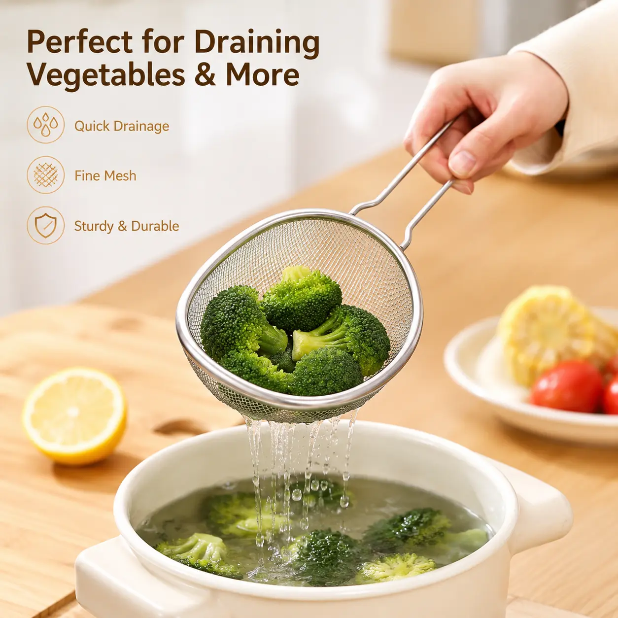 1 Count, Stainless Steel Fine Mesh Strainer with Long Handle, for draining pasta, vegetables, filtering juice, sifting flour for daily home kitchen use