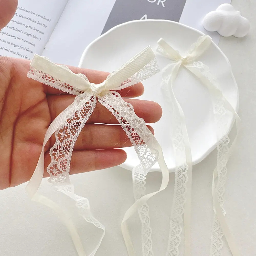 2pcs white double-layer long lace ribbon bow decorations, sweet and elegant lace bow decorations, DIY craft materials, fashionable clothing embellishments, fashionable hair clip accessories for women's daily wear, party and wedding gift box decoration.