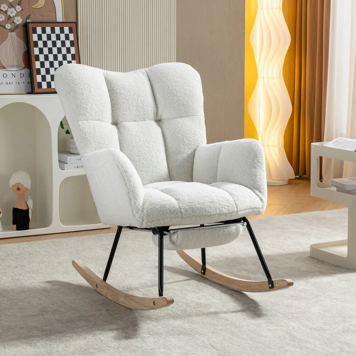 Ivory Teddy Fabric Leisure Rocking Chair (067) with Adjustable Footrest, Ergonomic Fixed High Backrest, Right-Side Storage Pocket, Solid Wood-Metal Base, Adults Bedroom Baby Room Indoor Furniture, 32.34 lbs, Assembly Required, Rocking Chairs, Nursery Deco
